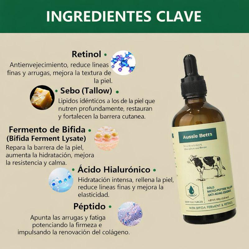 Suero de sebo con micropéptidos dorados Aussie Betta: antienvejecimiento suave para pieles sensibles
