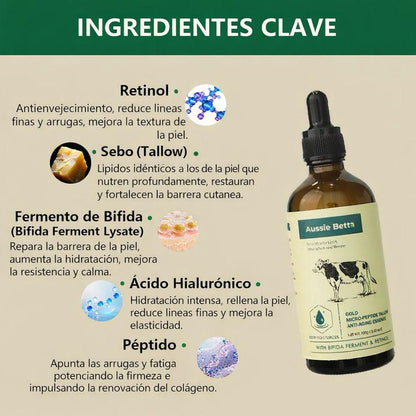 Suero de sebo con micropéptidos dorados Aussie Betta: antienvejecimiento suave para pieles sensibles